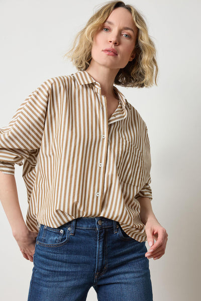 Dolman Sleeve Button Down Shirt in color Dijon/Talc Stripe Image A1